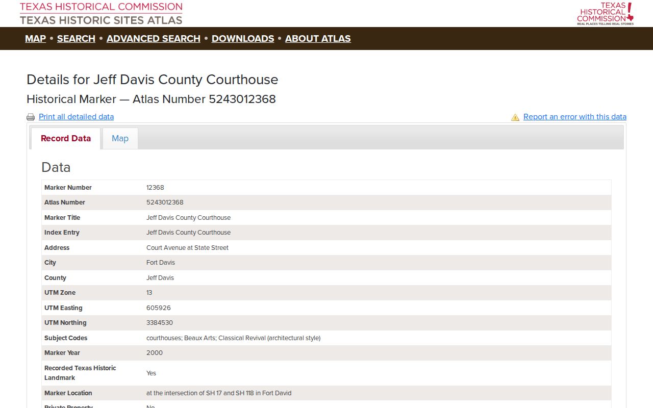 Historic marker page for the Jeff Davis County traffic court courthouse