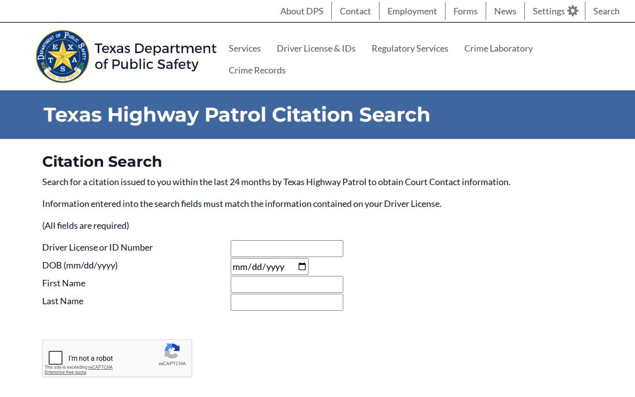 THP search fields for a Jeff Davis County traffic citation