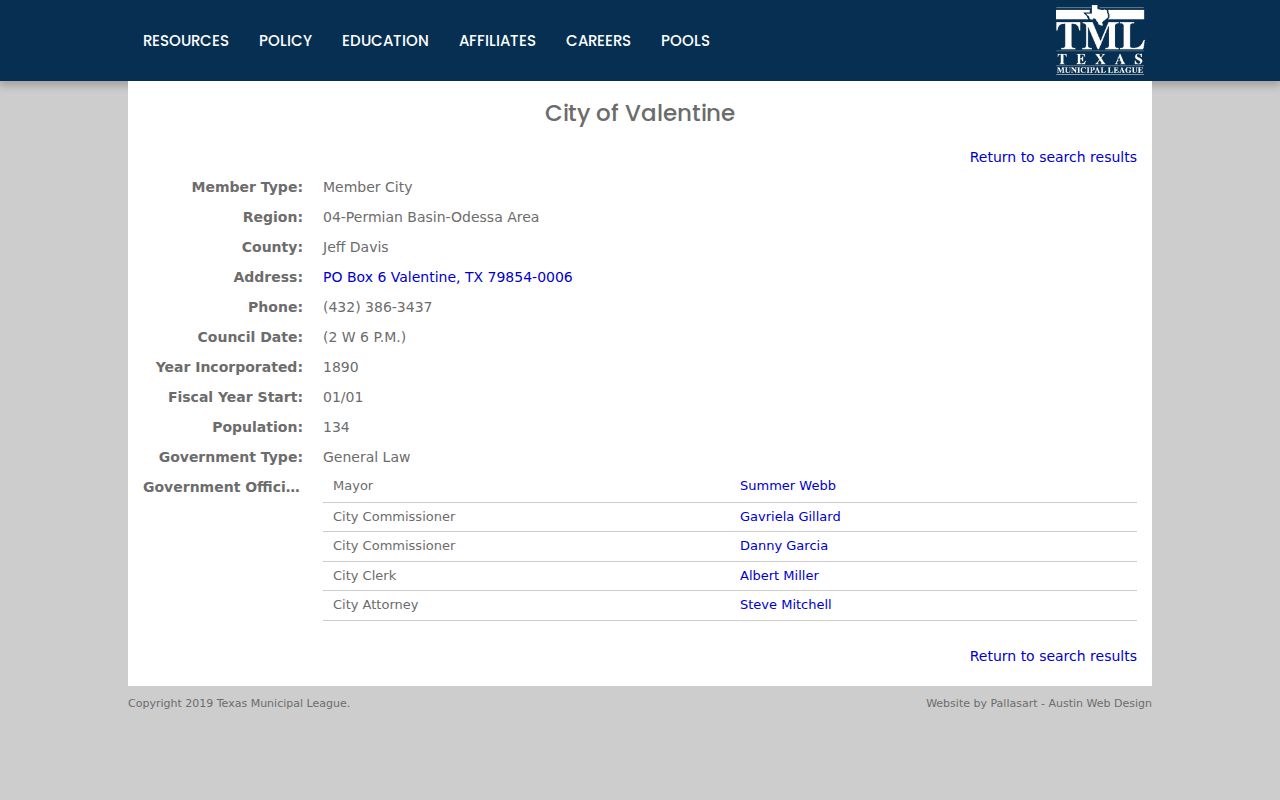 Official city profile used to verify Valentine court docket routing