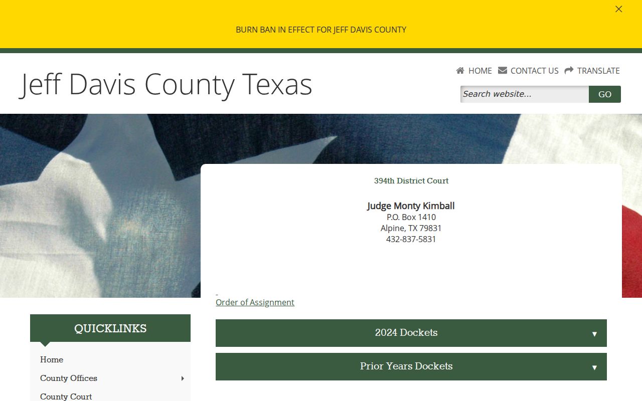 Jeff Davis County court calendar archive on the District Court page